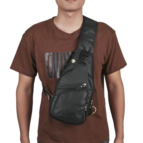 Le'aokuu Men Fashion Casual Tea Designer Travel Hiking Crossbody Chest Sling Bag Rig One Shoulder Strap Bag Men Leather 8015