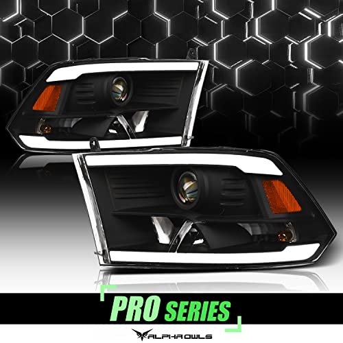 Alpha Owls 8710401 Crystal Headlights With Switchback Sequential LED Light Bar & Startup Light - Black Amber Fits 2009-2018 Dodge Ram 1500 2500 3500/2019-2023 Classic Halogen Models