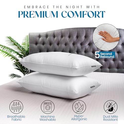 Down Alternative Bed Pillows for Sleeping, King Set of 2 Microfiber Breathable Cover, Hotel Collection, Cooling Hotel Quality, Bed Pillows for Side and Back Sleepers, Fluffy Pillows for Bed