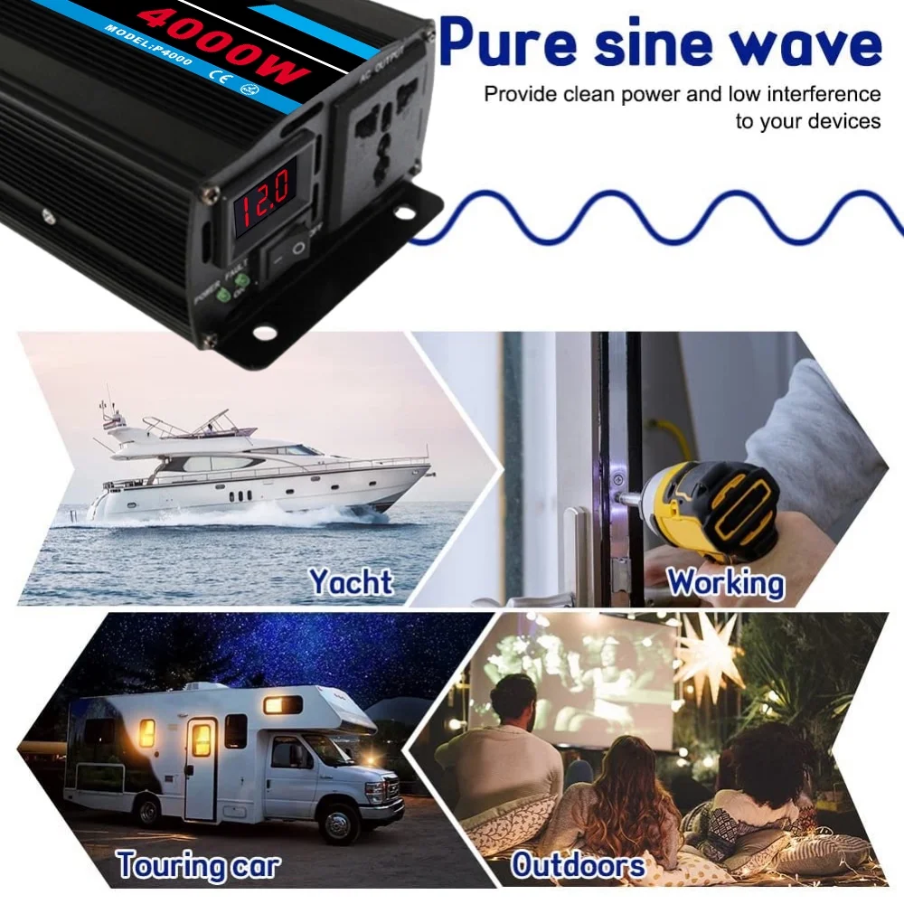 Pure Sine Wave Inverter, 4000W Power Inverter DC12V to AC 120V Car RV Converter Charger Adapter