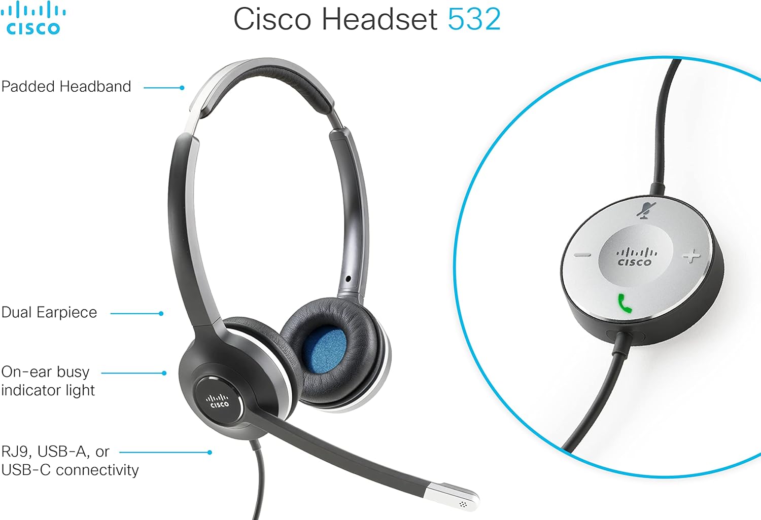 Cisco Headset 532, Wired Dual On-Ear Quick Disconnect Headset with RJ-9 Cable, Charcoal, 2-Year Limited Liability Warranty (CP-HS-W-532-RJ=)