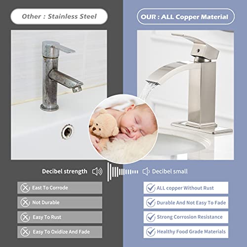 Brushed Nickel Vessel Sink Faucet, Waterfall Bathroom Faucets, Tall Spout Single Handle Single Hole Bathroom Faucets with Pop Up Drain and Without Overflow Basin Faucet Supply Line