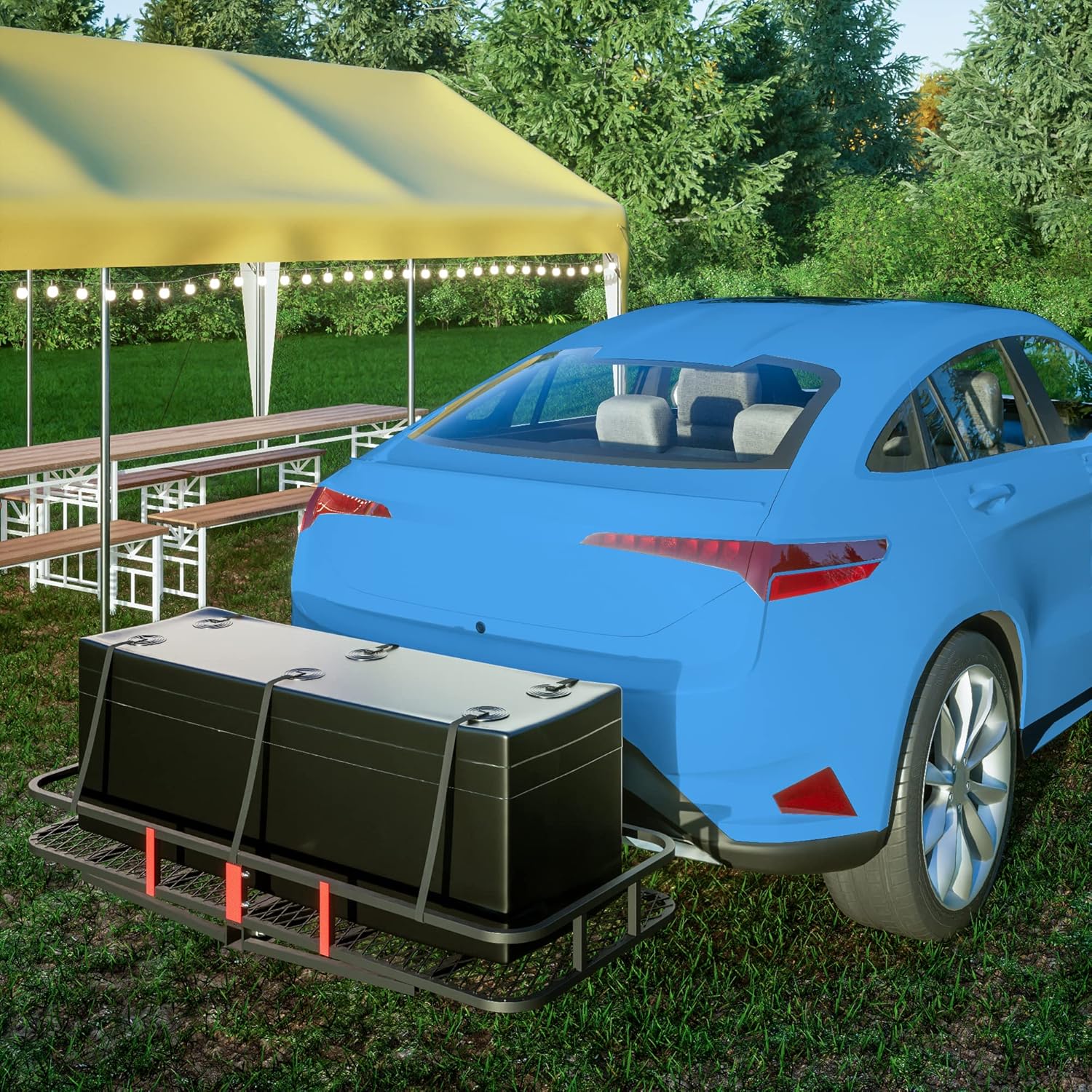 Cargo Rack Carrier with Folding Basket Designed in Reflectors,Car W/a Hitch Stabilizer and 2 Rainproof Ratchet Straps,for Outdoor,Transport,Black