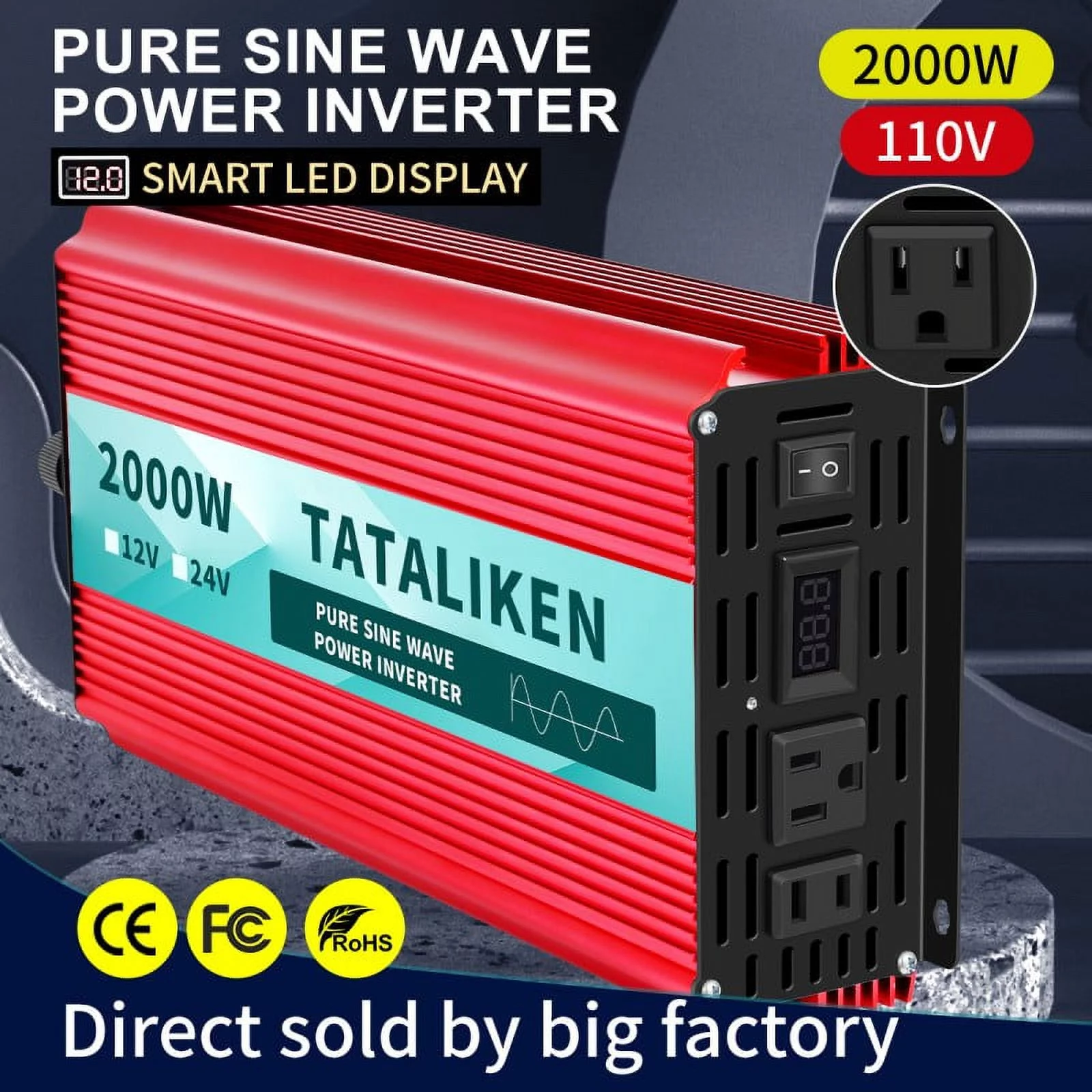 TATALIKEN 2000 Watts 4000 Watts Pure Sine Wave Power Inverter DC 12V to AC 110V/120V Car Inverter with 2 AC Outlets for Power Tools Home Vehicles RV Truck, LCD Display