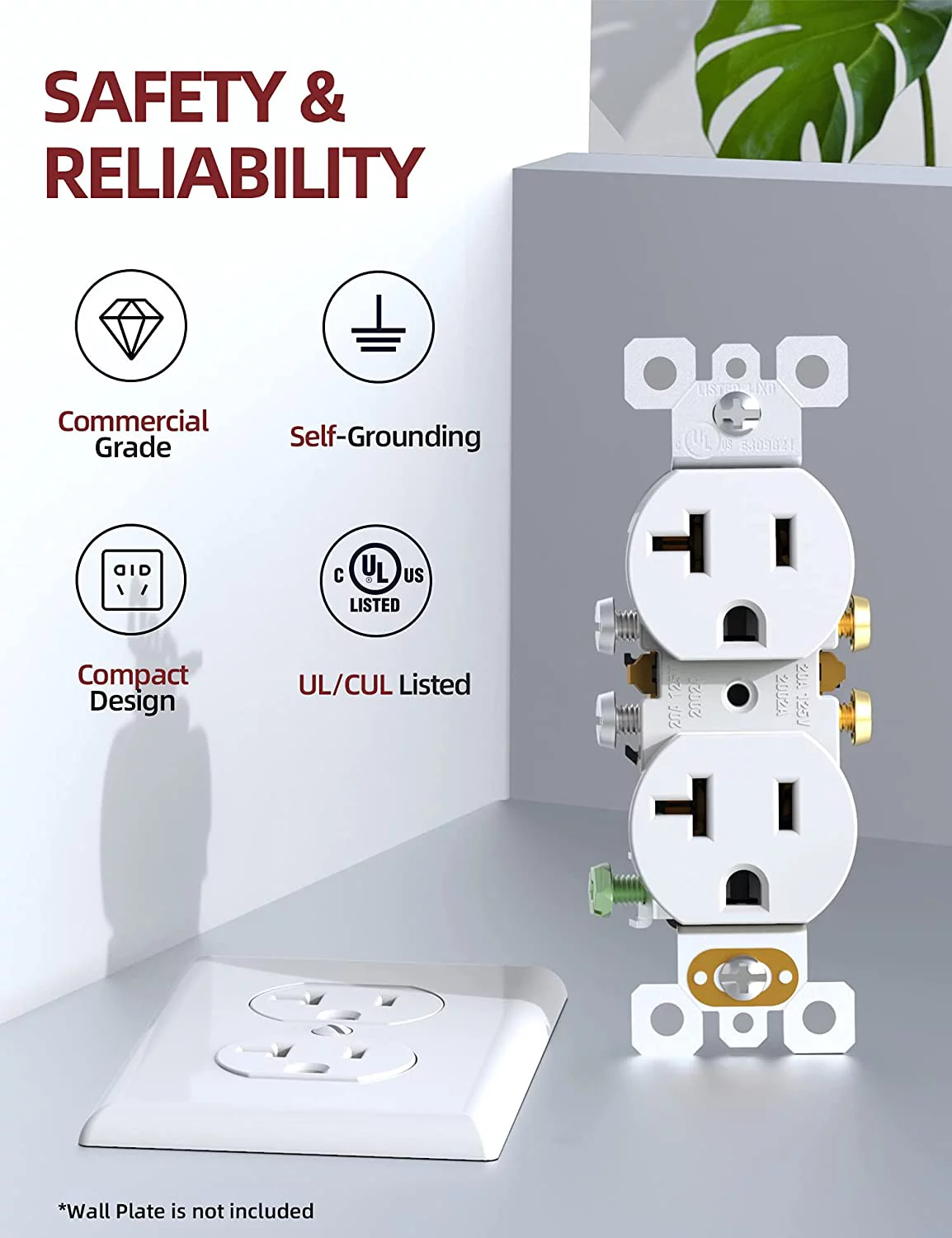 AIDA Duplex Receptacle Wall Outlet, 20Amp 125V Wall Outlet, Residential, 3-Wire, Self-Grounding, UL Listed, Side Wire Only, White ( 10 Pack )