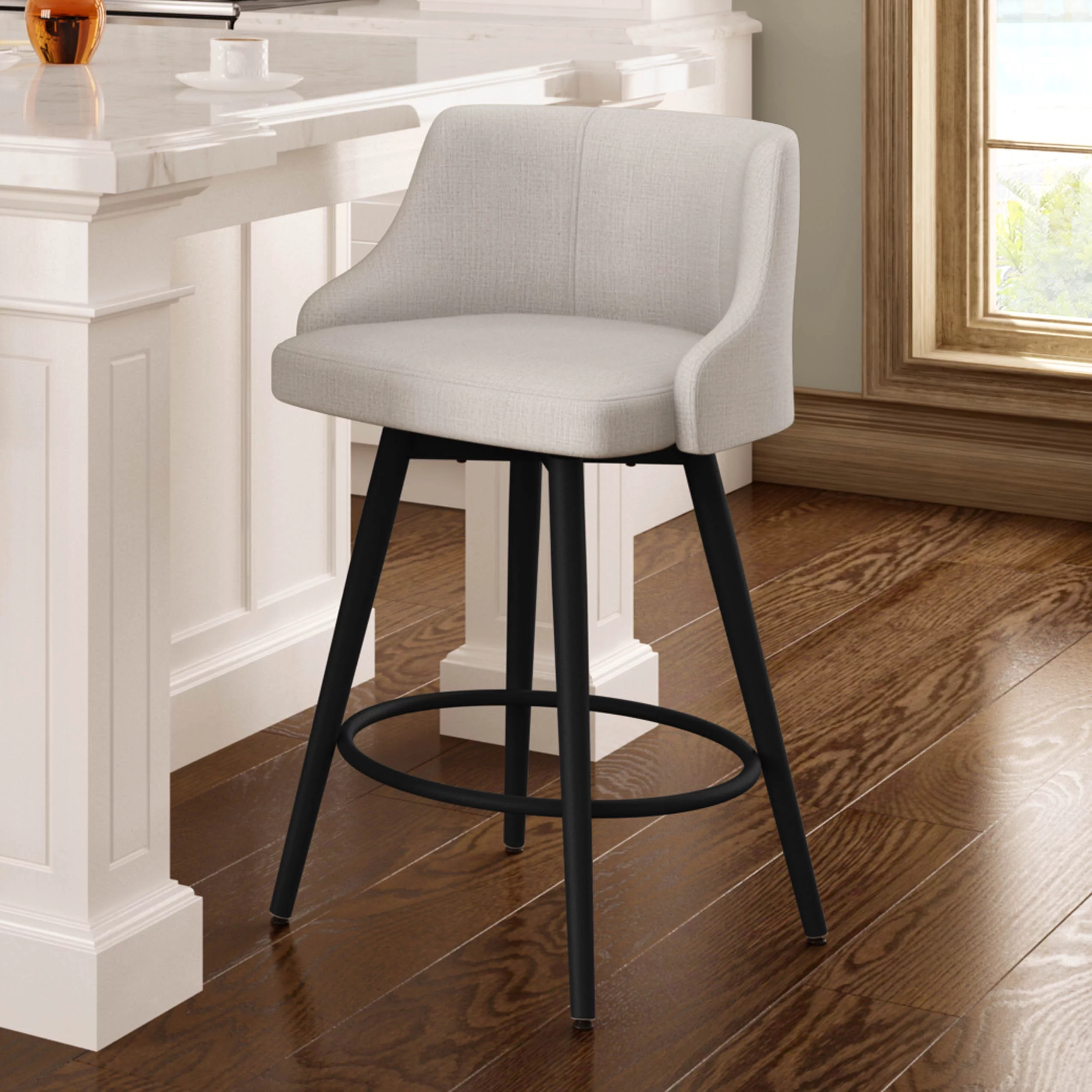 Amisco Duncan 30 In. Swivel Bar Stool - Pale Grey Beige Polyester / Black Metal