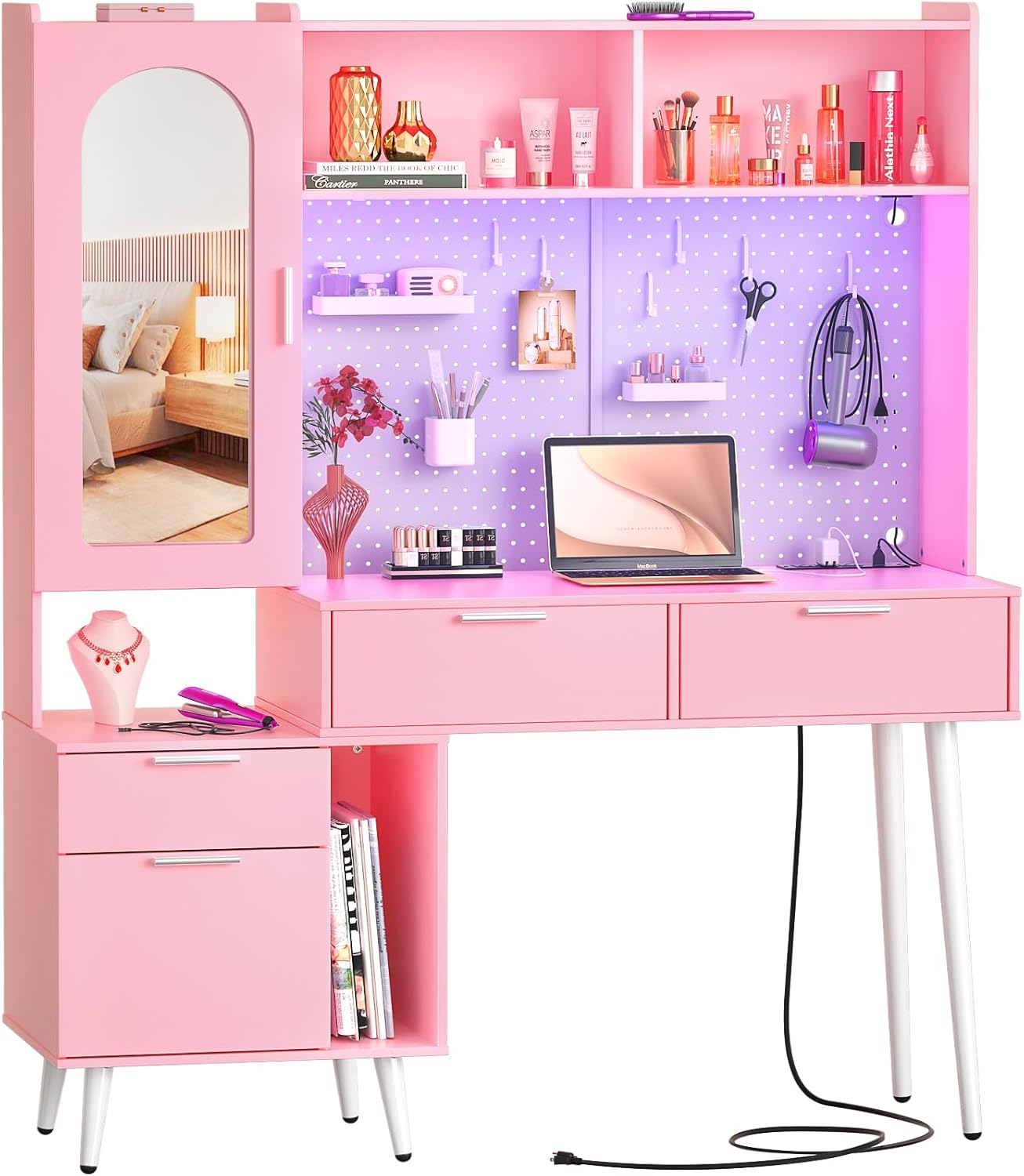 Homieasy Vanity Desk with Mirror & LED Light & Charging Station, 48 Inch Large Makeup Vanity with Ample Storage, Vanity Table with Drawers, Cabinet, Pegboard, Shelves, Storage Hutch, Pink
