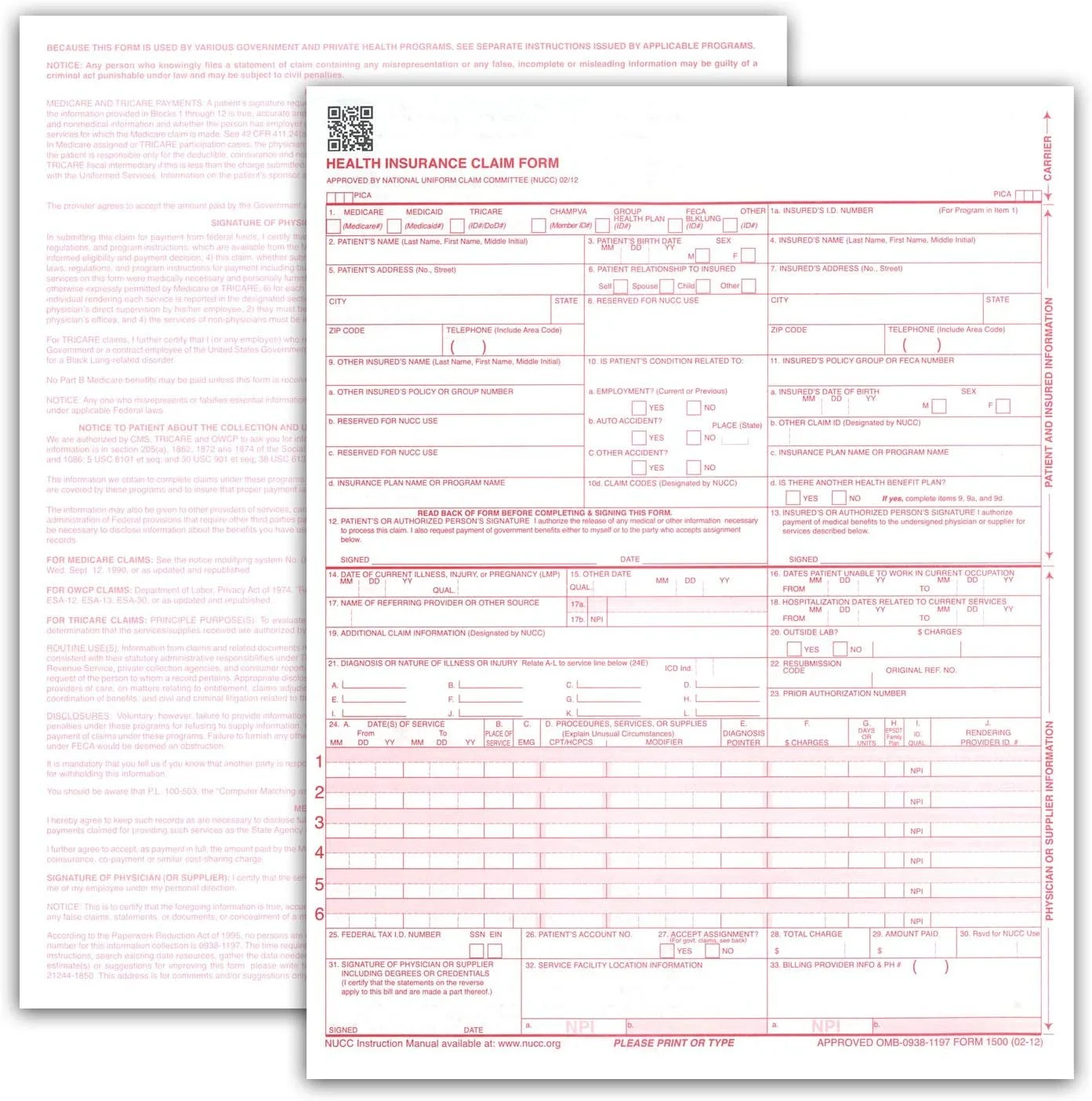New CMS 1500 Claim Forms - HCFA Version 02/12 1000 per Box