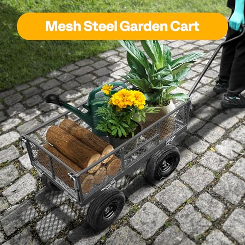 VIVOHOME Heavy Duty 880 Lbs Capacity Mesh Steel Garden Cart Folding Utility Wagon with Removable Sides and 4.10/3.50-4