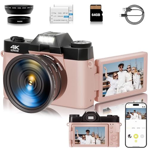 4K Digital Camera for Photography Autofocus 56MP 16X Digital Zoom with WiFi 3'' 180° Flip Screen Vlogging YouTube Video Students Compact Cameras with 2 Batteries 64GB Micro SD Card (Black)