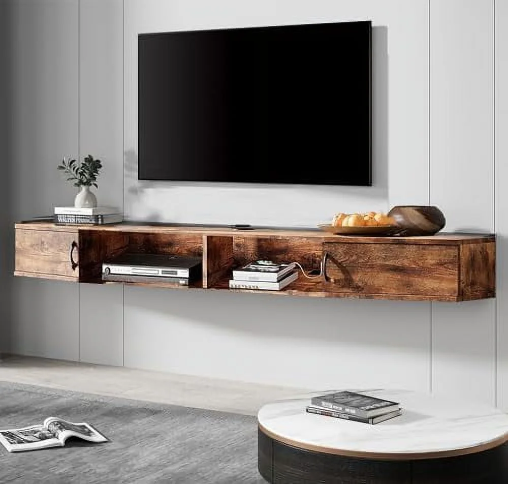 HJZUINIUNIU Audio Video Shelving Wall Mounted Floating TV Stand Wood TV Media Console Floating Entertainment Center Desk with  TV  Console for Living Room  Brown