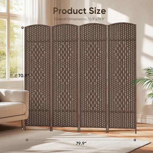 JOSTYLE Folding Privacy Room Divider, 4 Panel Screen Divider 6 ft. Tall Freestanding Extra Wide Rattan Room Partition Wall Separation Dividers, Grey
