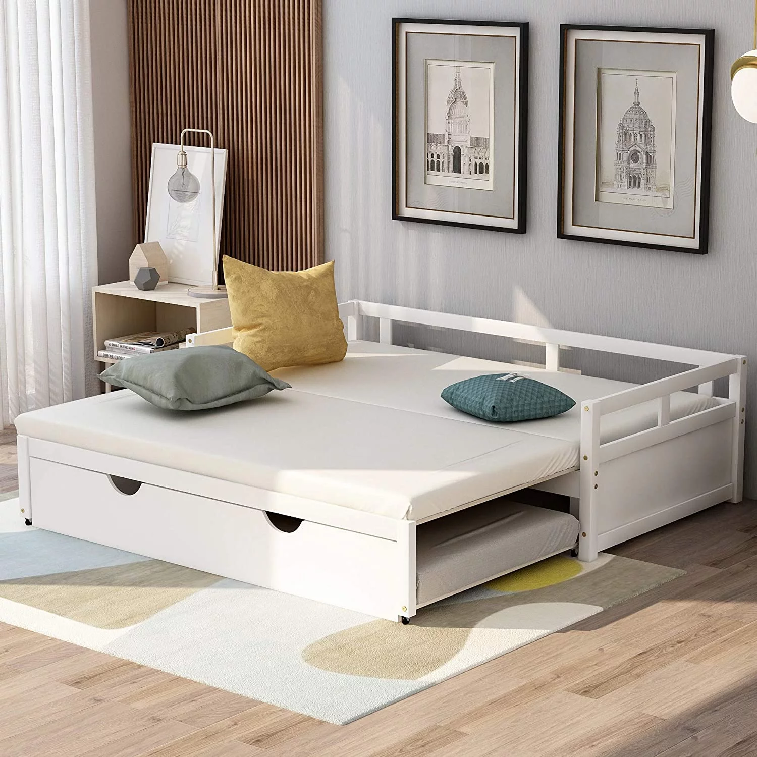 Exedable Daybed Wih rudle Bed, Wood Daybed Frame Wih Pull rudle, o Kig Desig Exedig Daybed For Kids Girls Boys ees Aduls, o Box Sprig Required, Whie