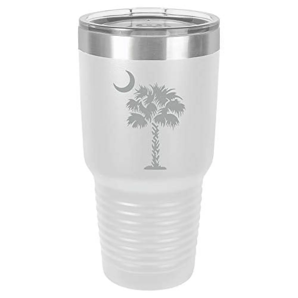 Tumbler Stainless Steel Vacuum Insulated Travel Mug Palmetto Tree South Carolina Palm Moon (White, 30 oz)