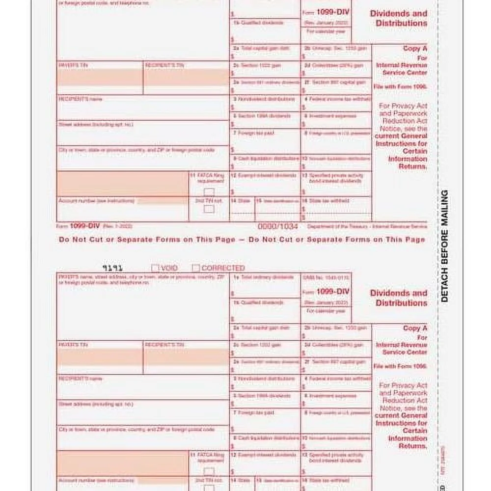 EGP IRS Approved 1099-DIV 4-Part Laser Tax Form Set, For 25 Recipients