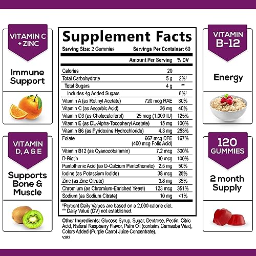 Multivitamin Gummies, Extra Strength Daily Multi Vitamin Gummy for Women & Men with Vitamins A, C, D, E, B6, B12, Zinc & Antioxidants Supplement for Immune Health Support, Non-GMO, Berry - 120 Gummies