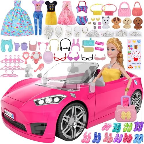 91 Pcs Doll Convertible Car Set, Doll Clothes and Accessories, Doll Playset Dress up Toys for Girls Kids Toddlers, Gift Toys for Age 3 4 5 6 7 8