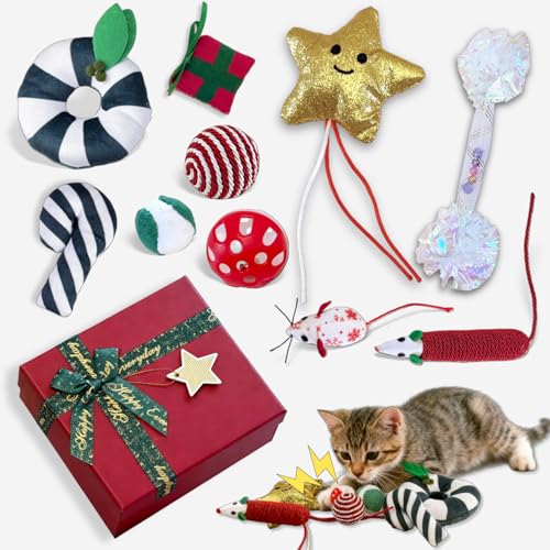 Happi N Pets Christmas Cat Toys Set, 10Pcs Holiday Cat Stocking Stuffers with Gift Box, Interactive Catnip Toys for Indoor Cats & Kittens, Includes Mice Toy, Crinkle Balls, Teaser Wand & Chew Rope toy
