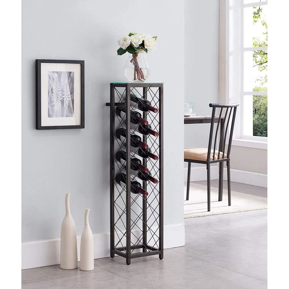 Kings Brand Furniture – Metal with Glass Top Shelf Free Standing Wine Rack Storage Tower - Holds 13 Bottles - Pewter Finish