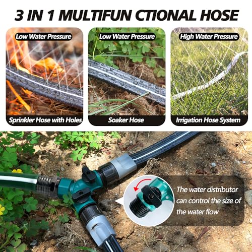 Sprinkler Hose with Holes, Flat Soaker Hose 100 Ft (25 ft 4pack) with Garden Staples and Splitters, Watering Drip Irrigation Hoses for Lawn, Vegetable and Garden Beds (100 ft)