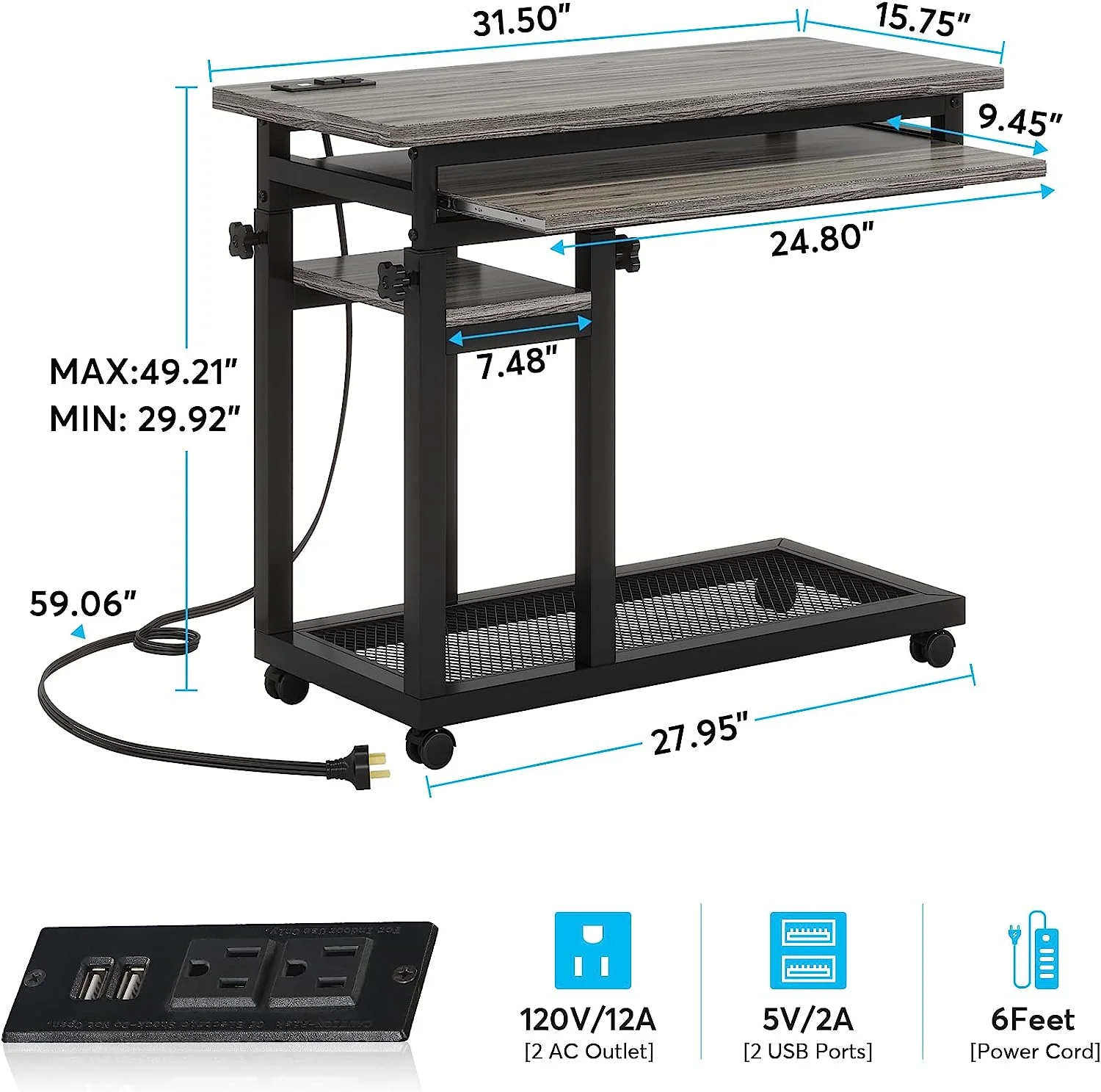 Tribesigns Small Portable Desk with Power Outlet, Height Adjustable Sofa Couch Bedside Laptop Table Grey