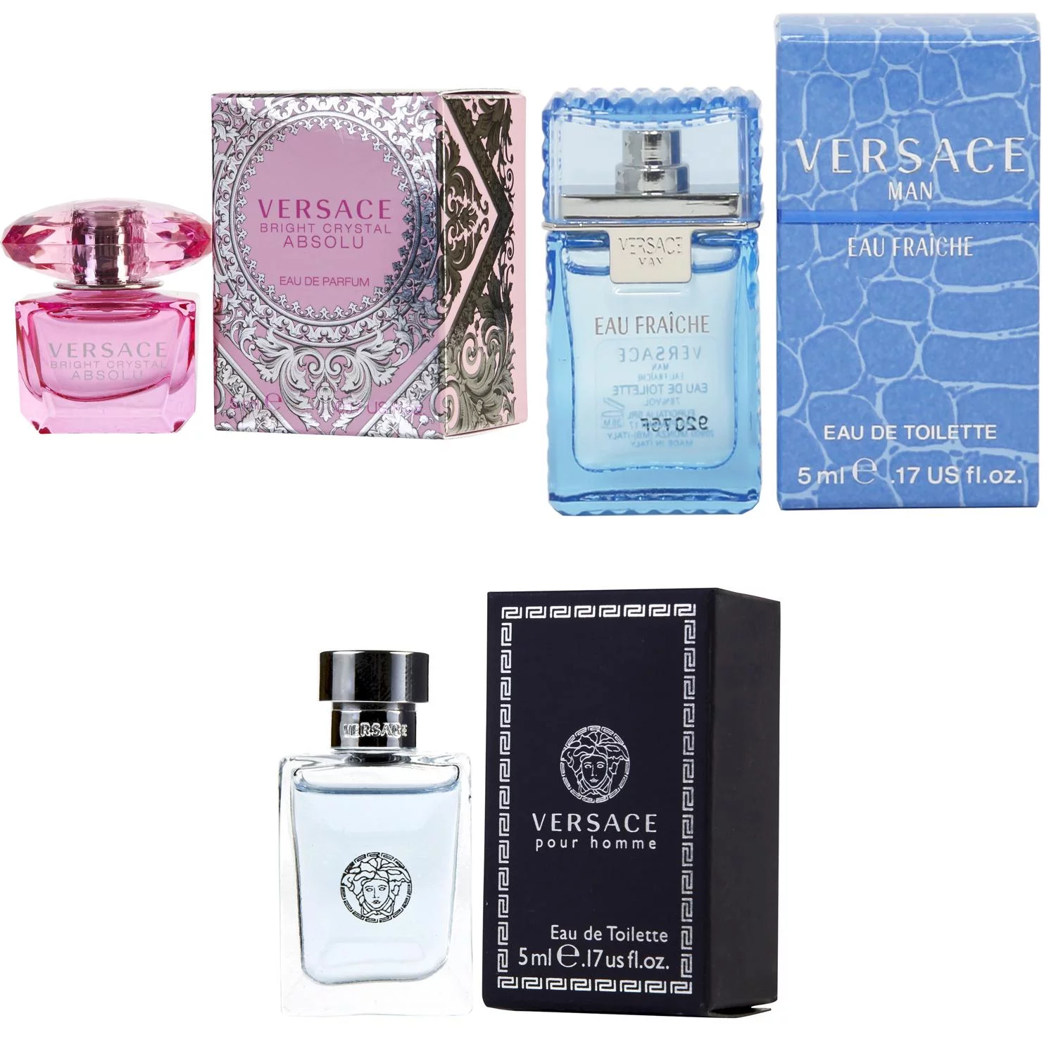 Versace Bright Crystal Absolu EDP, Man Eau Fraiche EDT, Pour Homme EDT - 5ml 3PK Kit