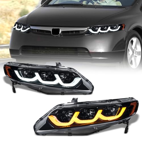Full LED Headlights for Honda Civic Sedan 2006-2011, 3 Projector Head Lamp Assemblies for 8th gen Civic Sedan, Head Light with Sequential turn signal, Plug&Play, Pair
