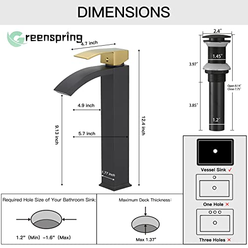 Brushed Nickel Vessel Sink Faucet, Waterfall Bathroom Faucets, Tall Spout Single Handle Single Hole Bathroom Faucets with Pop Up Drain and Without Overflow Basin Faucet Supply Line