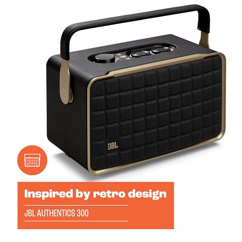 JBL Authentics 200 - Retro Style Smart Home Speaker with Built in Wi-Fi, Bluetooth and Voice Assistants, Alexa and Google Assistant, Multi-Room Playback, Automatic self tuning (Black/Gold)