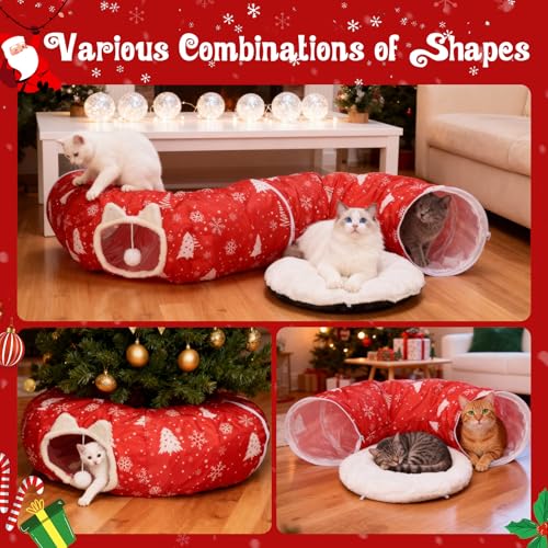 Cat Tunnel Bed Under Christmas Tree, Cat Tunnel Christmas Tree Skirt for Indoor Cats, Donut Tunnel Toys for Multiple & Large Carts, for Kitten, Rabbit, Puppy, Red Snowflake