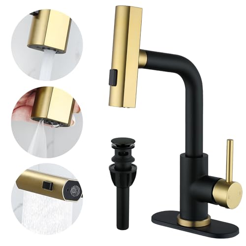 TRIPHIL Waterfall Bathroom Faucets with 3 Mode Pull Down Sprayer,Single Handle Modern Bath Sink Faucet with Pop Up Drain and Deck Plate,Brusehd Gold 1 Hole RV, Bar,Restroom,Lavatory,Vanity Tap