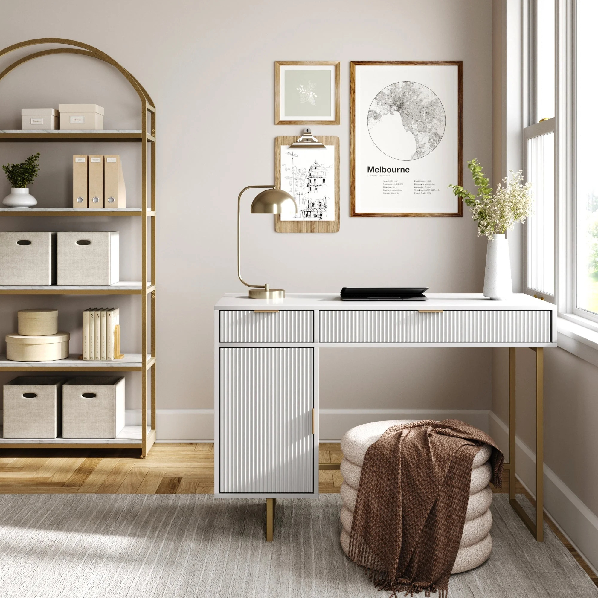 Nathan James Jacklyn White Modern Computer Desk, Workstation or Writing Desk for Small Spaces with Drawers and Cabinet Storage, White/Pale Gold