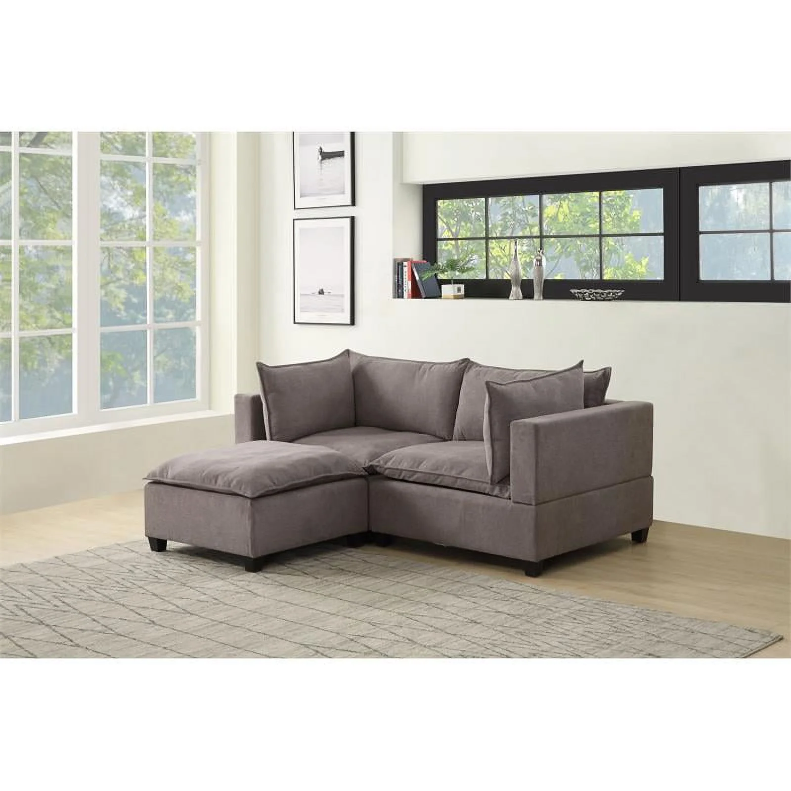 Bowery Hill Modern Contemporary Woven Fabric Sectional Loveseat Sofa with Ottoman and Down Feather Filled Cushions in Light Gray