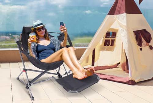 Nice C Hammock Camping Chair, Camping Chair Rocker, Swinging Chair, High Back with Stand, Cup Holder, Side Pocket, Heavy Duty (1, Black w/footrest)