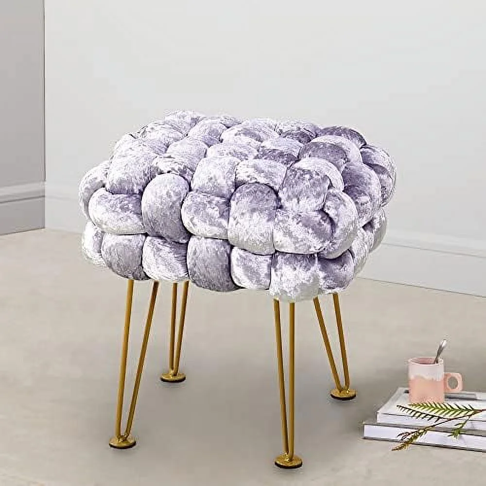 Retro Green Soft Upholstered Ottoman Entryway Bench Seat 16"x16"x16" Sturdy Accent Coffee Table for Living Room Make Up Vanity Fluffy Shoe Stool with Golden Legs for Bedroom C