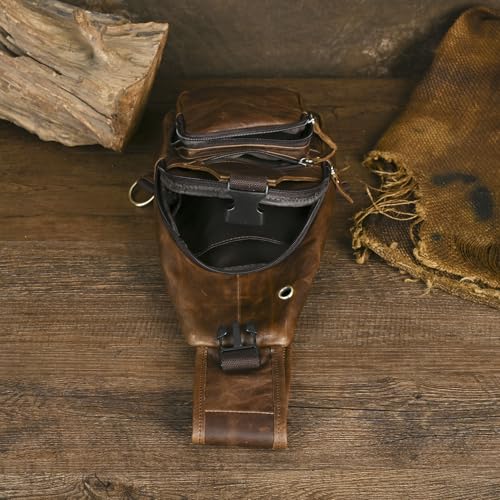 Le'aokuu Men Fashion Casual Tea Designer Travel Hiking Crossbody Chest Sling Bag Rig One Shoulder Strap Bag Men Leather 8015