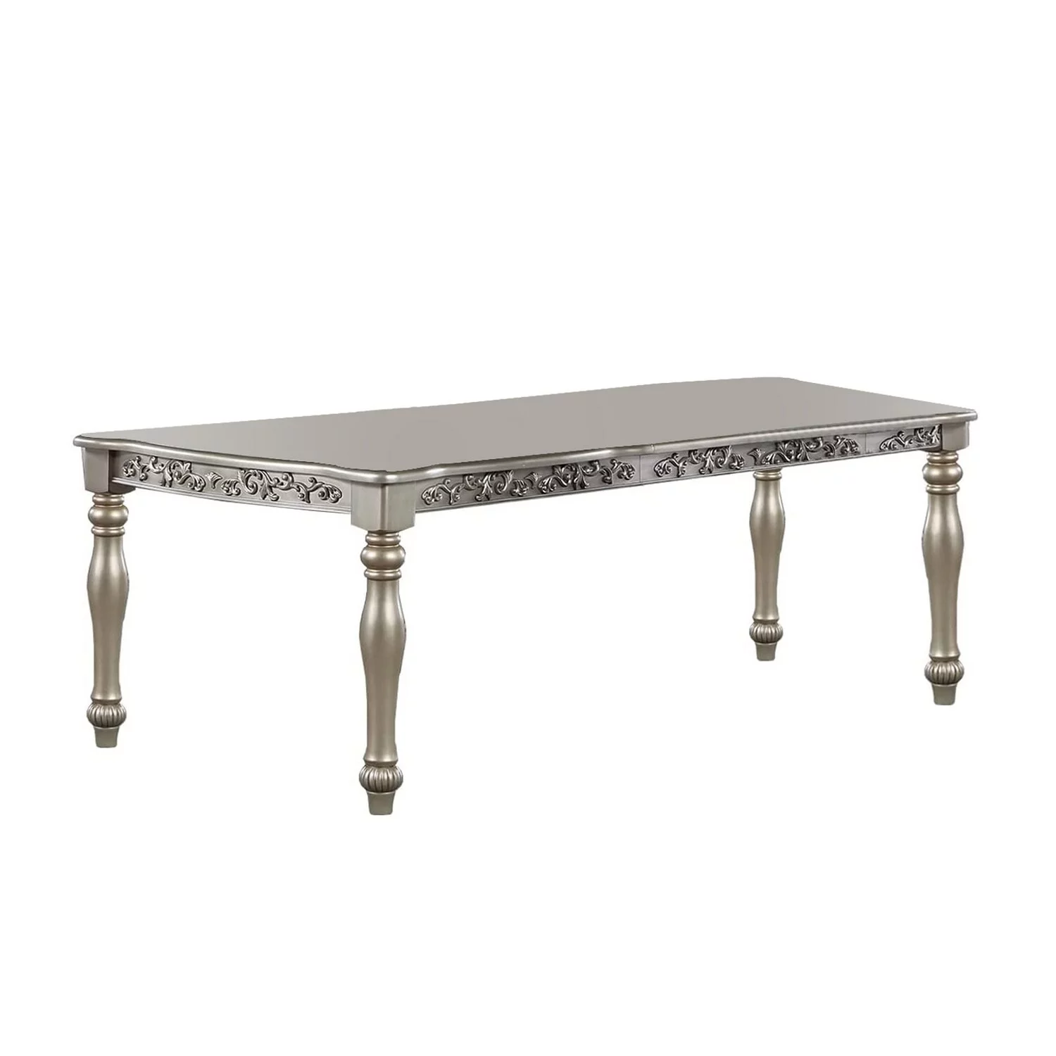 Benjara Kipp 72 Inch Rectangular Dining Table, Floral Carved Turned Legs, Champagne