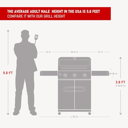 Monument Grills Outdoor Barbecue Stainless Steel 3 Burner Propane Gas Grill, 48,000 BTU Patio Garden Grill with Side Burner and LED Controls, Mesa325, Black