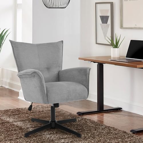 DAGONHIL Home Office Desk Chair No Wheels Armchair Linen Fabric Swivel Chair High-Back Wide Seat Upholstered Accent Chair with Metal Legs Computer Chair, Beige