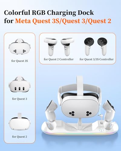 Charging Dock for Meta Quest 3S/3/2, 20W Magnetic Charging Station for Oculus Quest 3S/3/2 Accessories with Rechargeable 2X2100mAh Batteries, RGB Charging Stand for VR Headset & Controllers