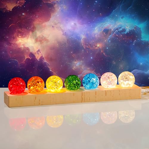 Ornalrist 7 Chakra Crystal Ball Ice Cracks Spheres with Wooden LED Light Base - 40mm Crystal Balls Set for Meditation Positive Energy Night Light Home Decoration