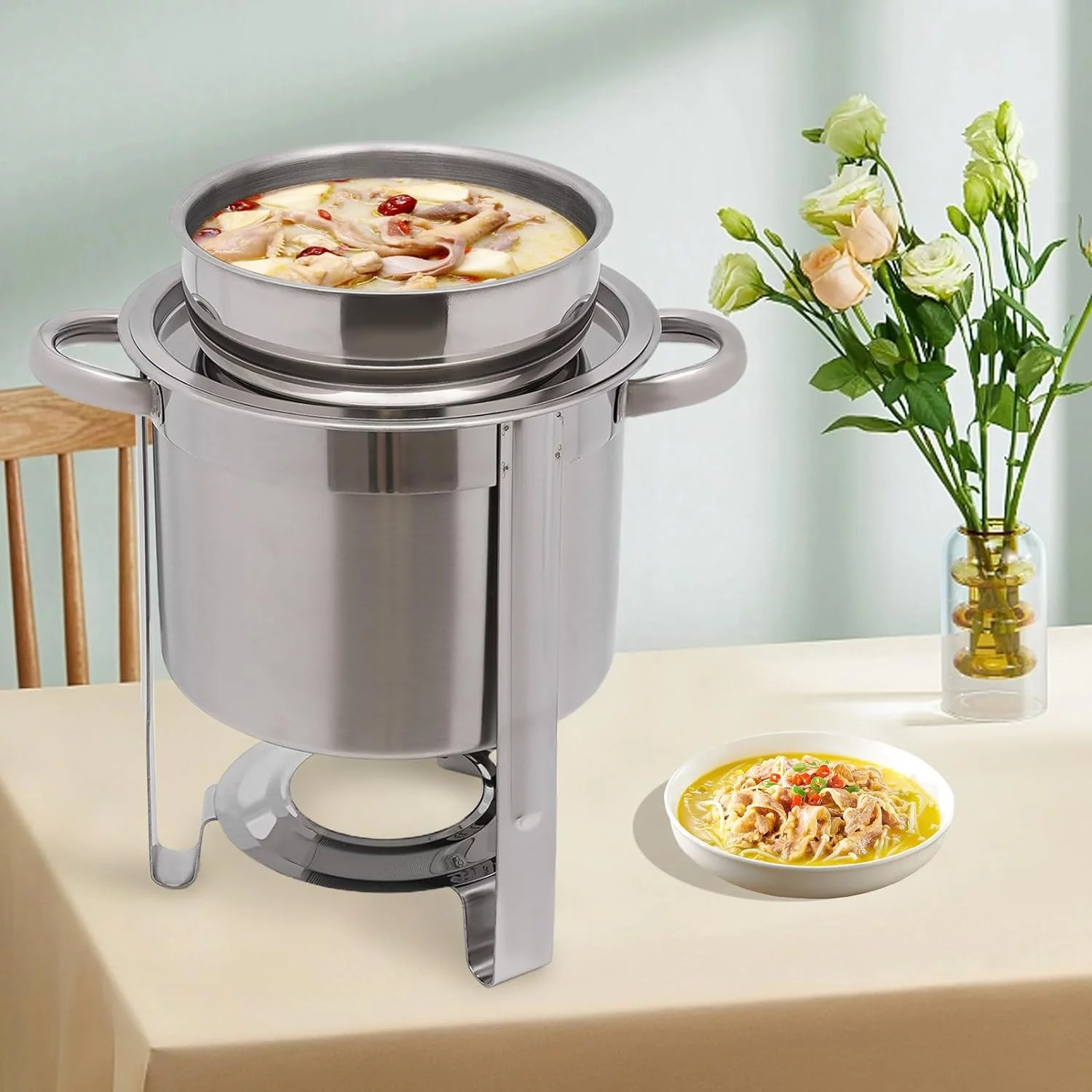 MIDUO 4.23-Quart Stainless Steel Round Soup Warmer With Pot Lid and Electric Heating Plate