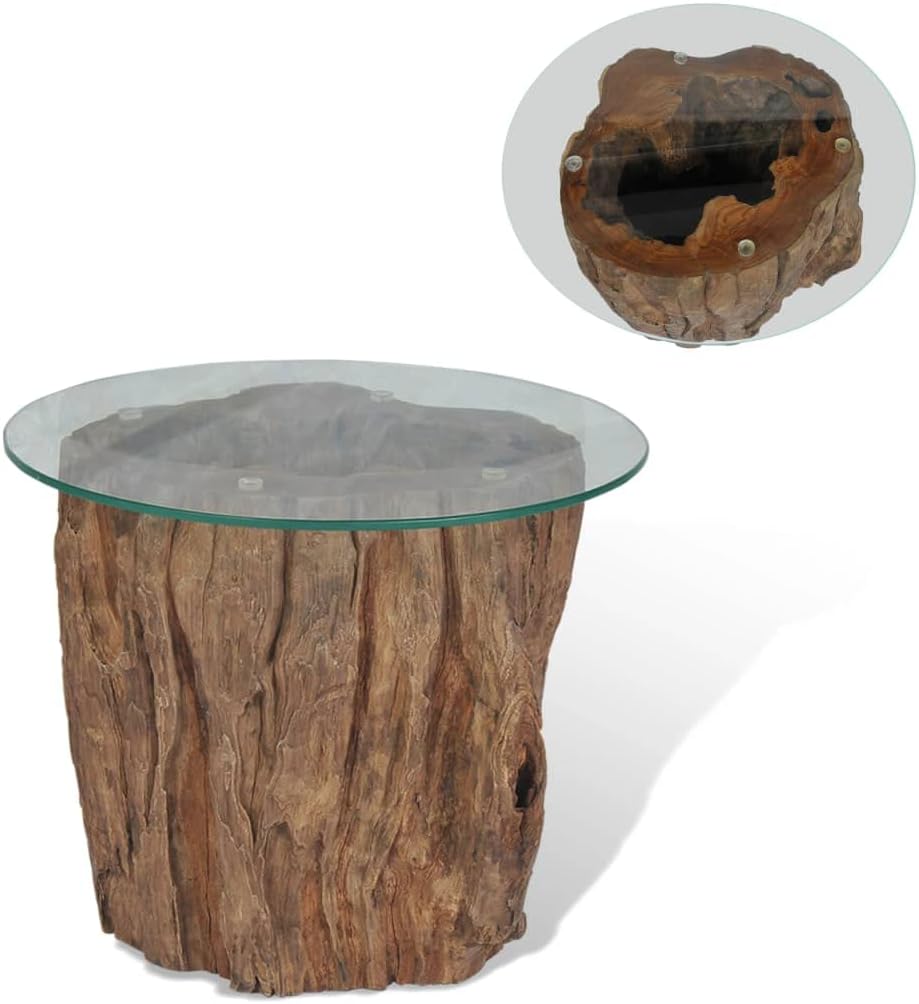 Teak Tree Stump Coffee Table, Natural Wood Side Table with Tempered Glass Top & Teak Base, Solid Wood Round Sofa Table, Tea Stand, Living Room