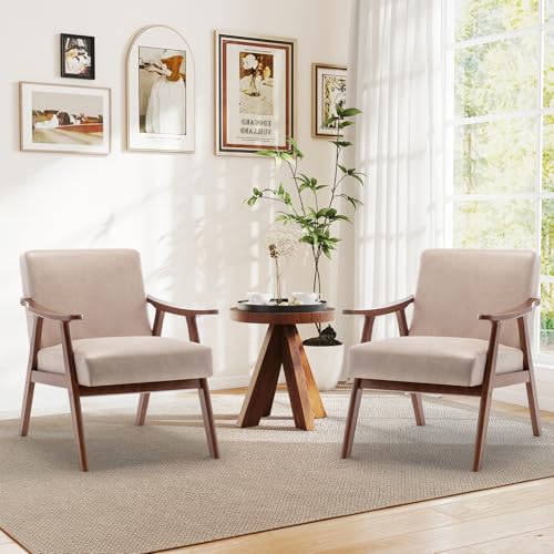 Rovibek Upholstered Accent Chair with Arms - Mid Century Modern Accent Chairs with Wood Frame, Upholstered Arm Chairs with 5.9in Thick Foam, Beige Occasional Chair, Set of 2