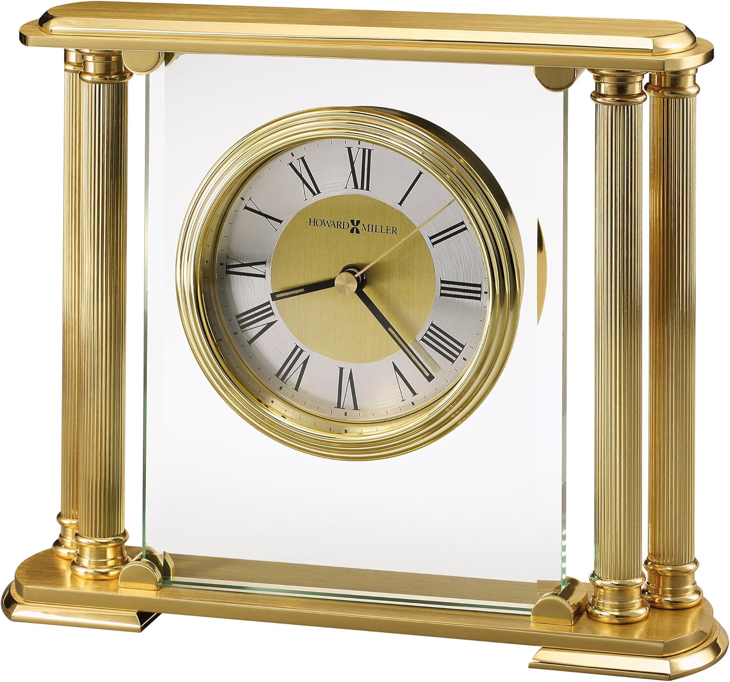 Howard Miller Athens Table Clock 613-627 – Brushed Solid Brass Finish, Glass Crystal, Polished Edges, Brass Feet & Felt Bottom, Antique Home Décor, Quartz Movement
