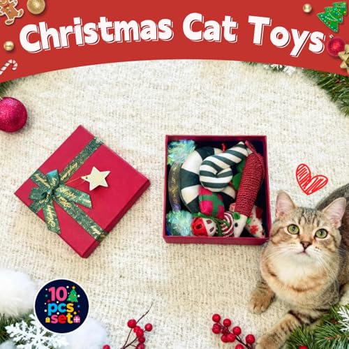 Happi N Pets Christmas Cat Toys Set, 10Pcs Holiday Cat Stocking Stuffers with Gift Box, Interactive Catnip Toys for Indoor Cats & Kittens, Includes Mice Toy, Crinkle Balls, Teaser Wand & Chew Rope toy