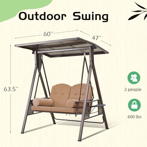 YOLENY Oversized Outdoor Porch Swing with Hardtop, 3 Seat Patio Swing with 2 Side Cup Holder, 3-in-1 Convertible Backrest Swing Bed with Cushion, 2 Pillows for Front, Porch, Lawn