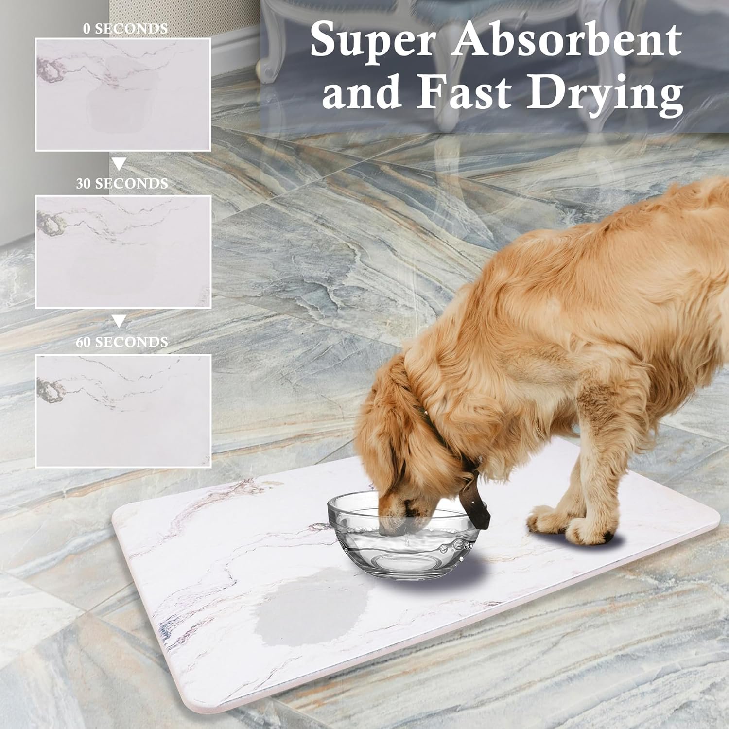 Large Stone Dog Food Mat, Absorbent Pet Feeding Mat, Anti-Slip Water & Food Mat, Quick Drying for Messy Drinkers, White Painted Marble 24''x16''
