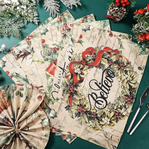 Christmas Placemats Set of 12, 12x18 Inch Vintage Linen Fabric Christmas Placemats Washable Table Mats for Dining Kitchen Indoor Outdoor Party Holiday Decoration