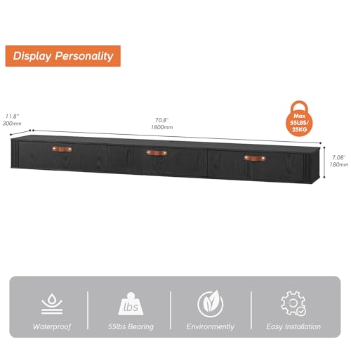 WAMPAT Floating TV Stand,Wall Mounted, Wood Media Console Entertainment Center with Cabinet, 70 inch floating tv shelf for Living Room, Bedroom,Black